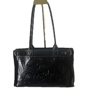 Patricia Nash Black Tooled Leather Tote Buckle Trim Floral Shoulder Bag